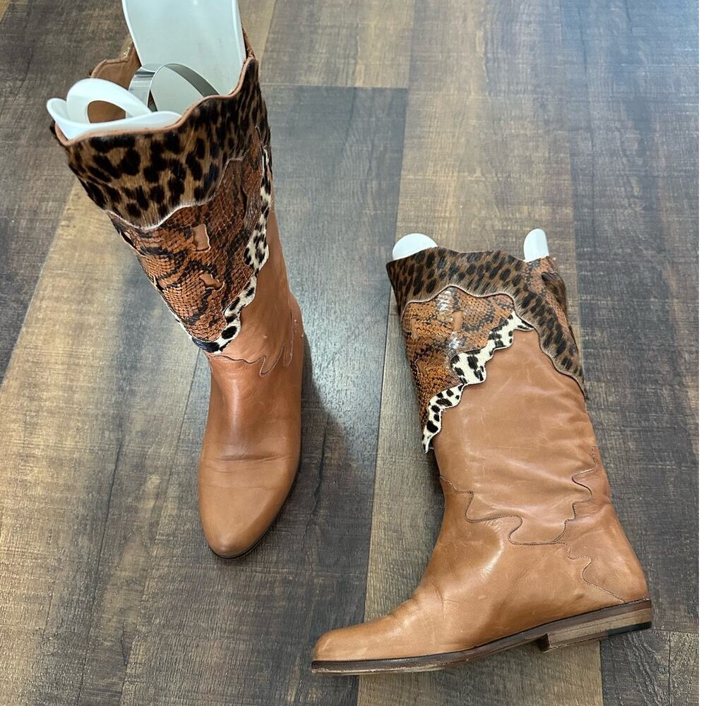 Donna Carolina Leather Patchwork Cowboy Boots Tan Animal Print EU 36.5